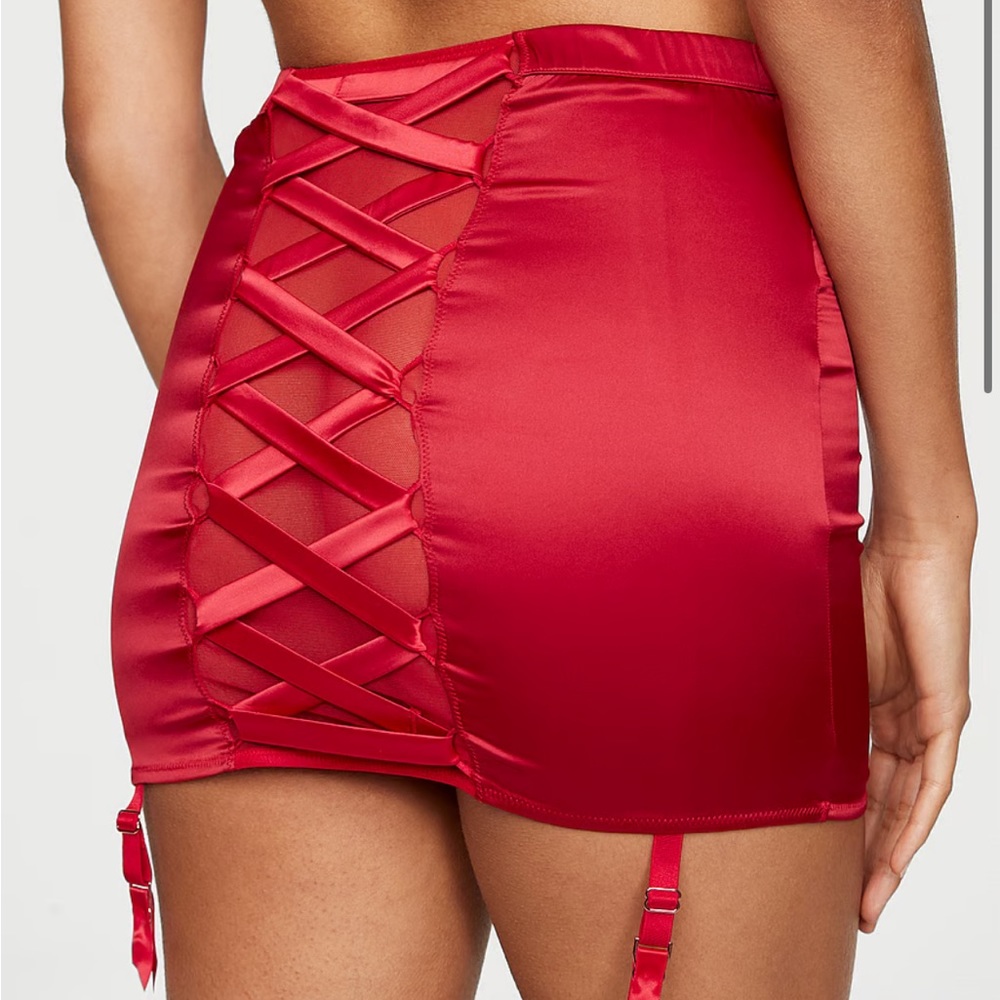 Victoria secret sexy red satin lace up garter skirt new
